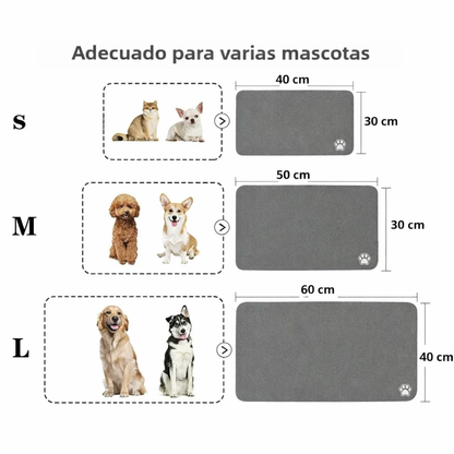 Comedero de perro sobre la esterilla absorbente protegiendo el suelo