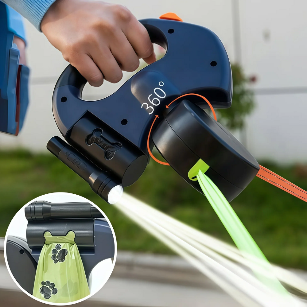 Dos perros paseando con correa retractil con LED