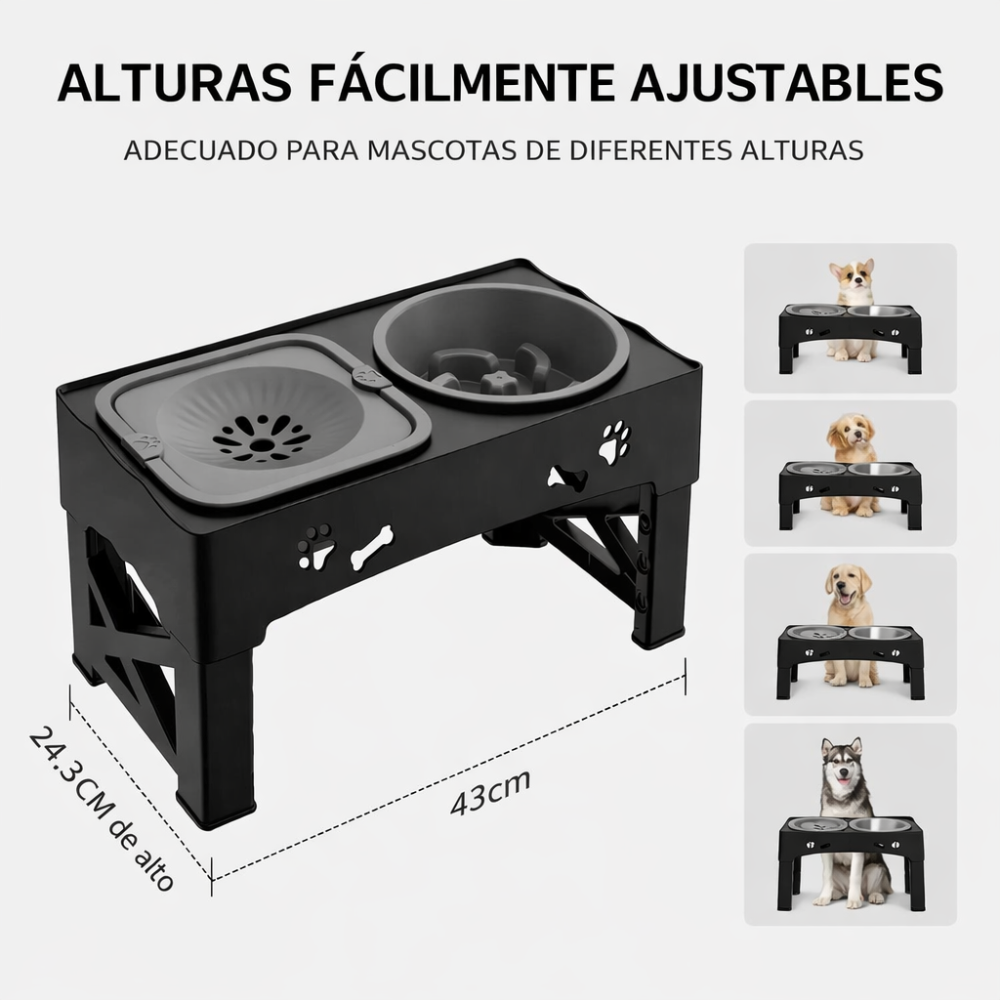 Detalle de los niveles de altura ajustable del comedero doble para perro