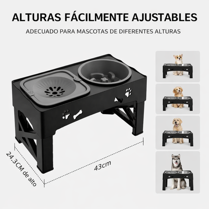 Detalle de los niveles de altura ajustable del comedero doble para perro