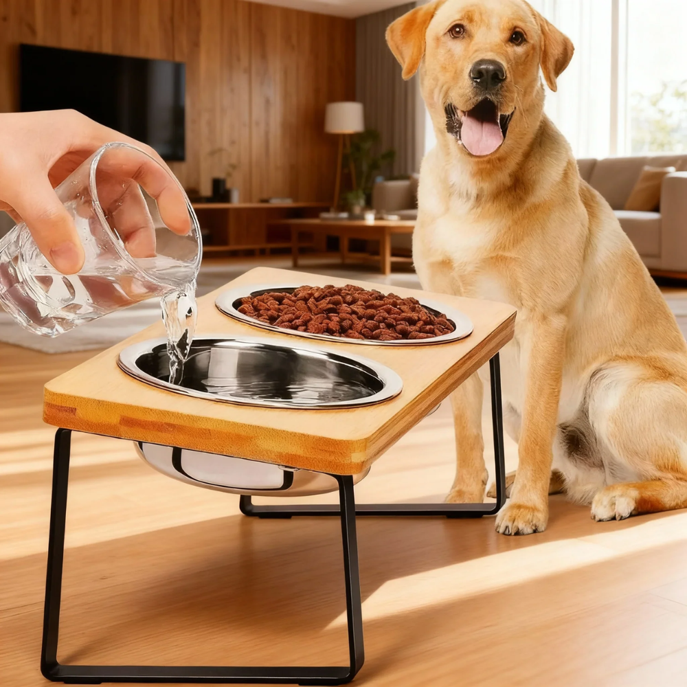 Perro comiendo en el soporte elevado con doble cuenco
