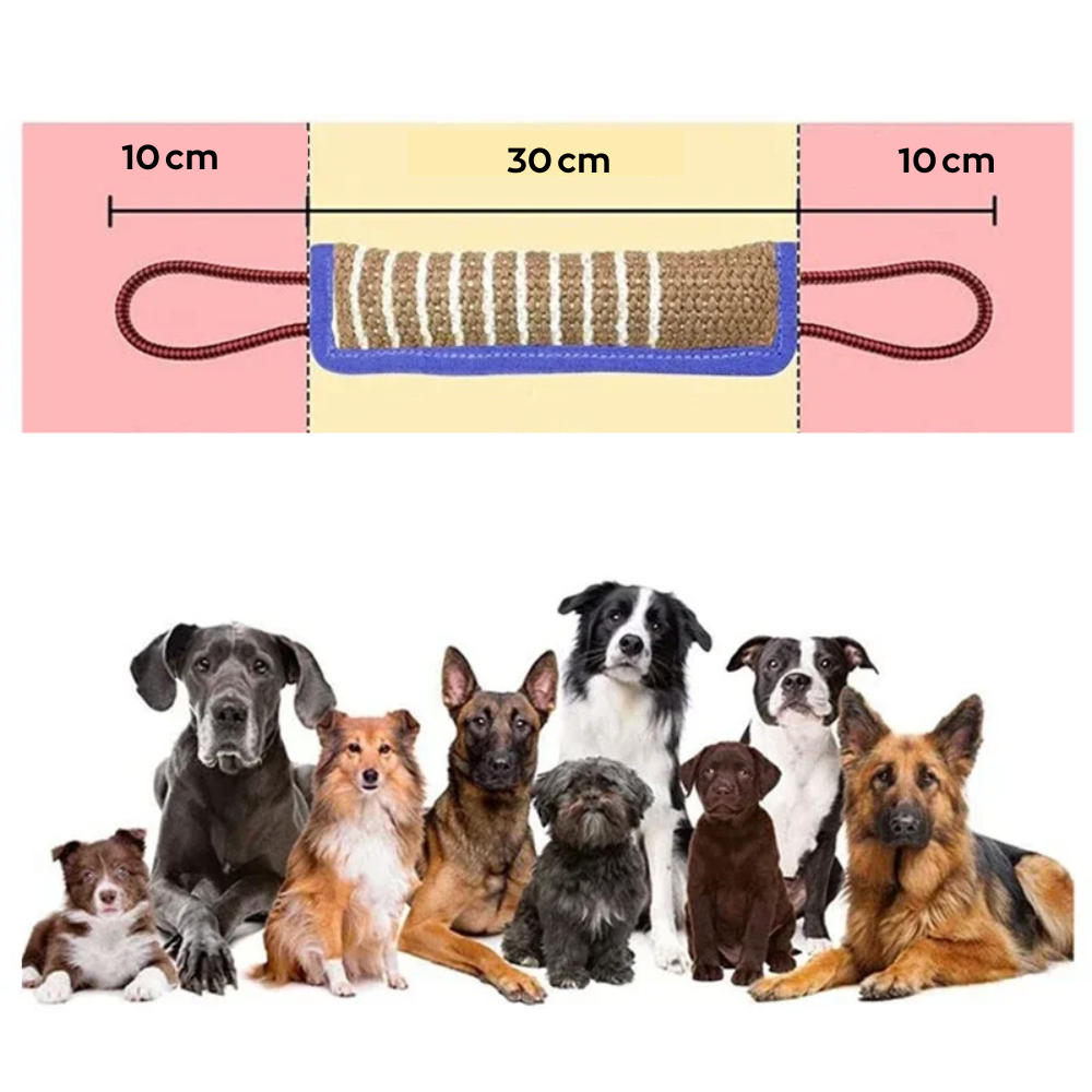 Detalle del material resistente del juguete de mordida para perro